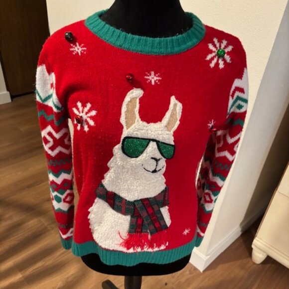 33 Degrees Ugly Christmas Holiday Sweater Llama Bells Sparkles Small - Picture 1 of 5